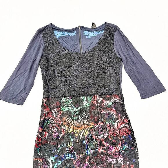 Desigual Floral 3/4 Sleeve Dress Flower Lace Overlay Pattern M37V2881 Size L - Picture 2 of 6